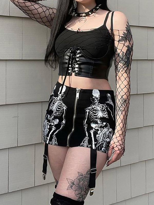 Gothic Dark Skull Graphic Mall Gothic Aesthetic Mini suknje Grunge Punk Low Raise Emo Seksi Skinny Suknja Zip Up Moda Alt Clothes