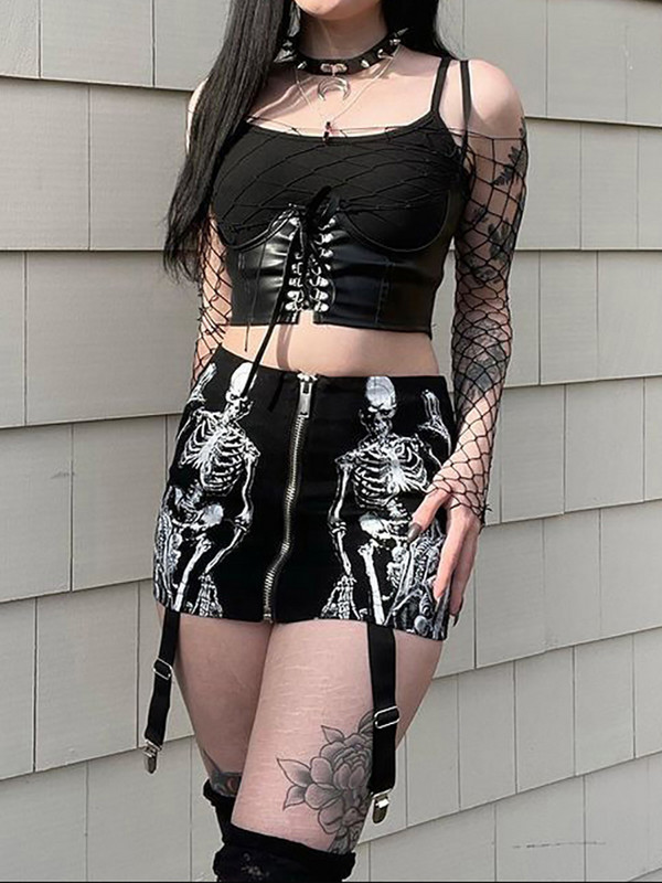 Gothic Dark Skull Graphic Mall Gothic Aesthetic Mini suknje Grunge Punk Low Raise Emo Seksi Skinny Suknja Zip Up Moda Alt Clothes