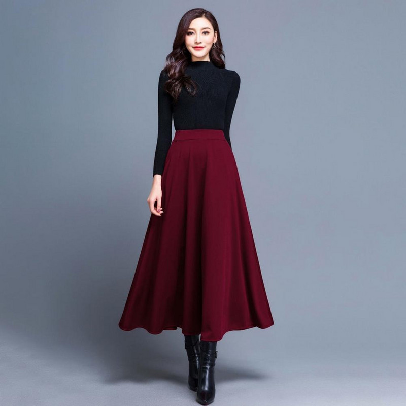 Toamnă Iarnă Fusta Midi Doamnă Talie elastică Tivul mare Buzunare laterale Stil coreean Culoare solidă Fusta lungă A-Line Îmbrăcăminte pentru femei