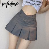 Fusta plisată pentru femei, linie A, solidă, subțire, neagră, cu talie în V, stil Academia, uniformă sexy anti-strălucitoare, fuste gri Y2k, scurte