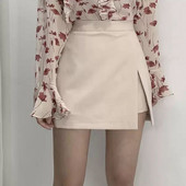 MEXZT Mini suknje s prorezom Ženske korejske jednobojne nepravilne suknje visokog struka Moda za uredske dame Rastezljive šik jednostavne suknje A kroja Novo