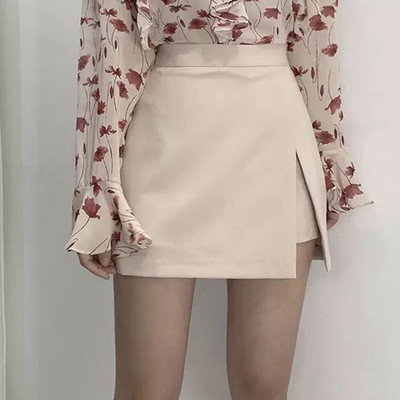 MEXZT Mini suknje s prorezom Ženske korejske jednobojne nepravilne suknje visokog struka Moda za uredske dame Rastezljive šik jednostavne suknje A kroja Novo