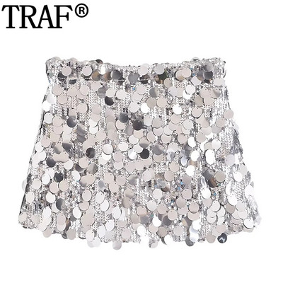 TRAF 2023 Suknja sa šljokicama Ženska svjetlucava srebrna kratka suknja Ženska modna mini ljetna suknja visokog struka Sjajne seksi ženske suknje