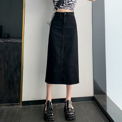 MEXZT Fuste vintage din denim cu fante pentru femei, cu talie înaltă, fustă midi, solidă, coreeană de birou, ocazional, fuste drepte toate se potrivesc.