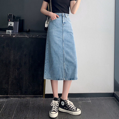 MEXZT Fuste vintage din denim cu fante pentru femei, cu talie înaltă, fustă midi, solidă, coreeană de birou, ocazional, fuste drepte toate se potrivesc.