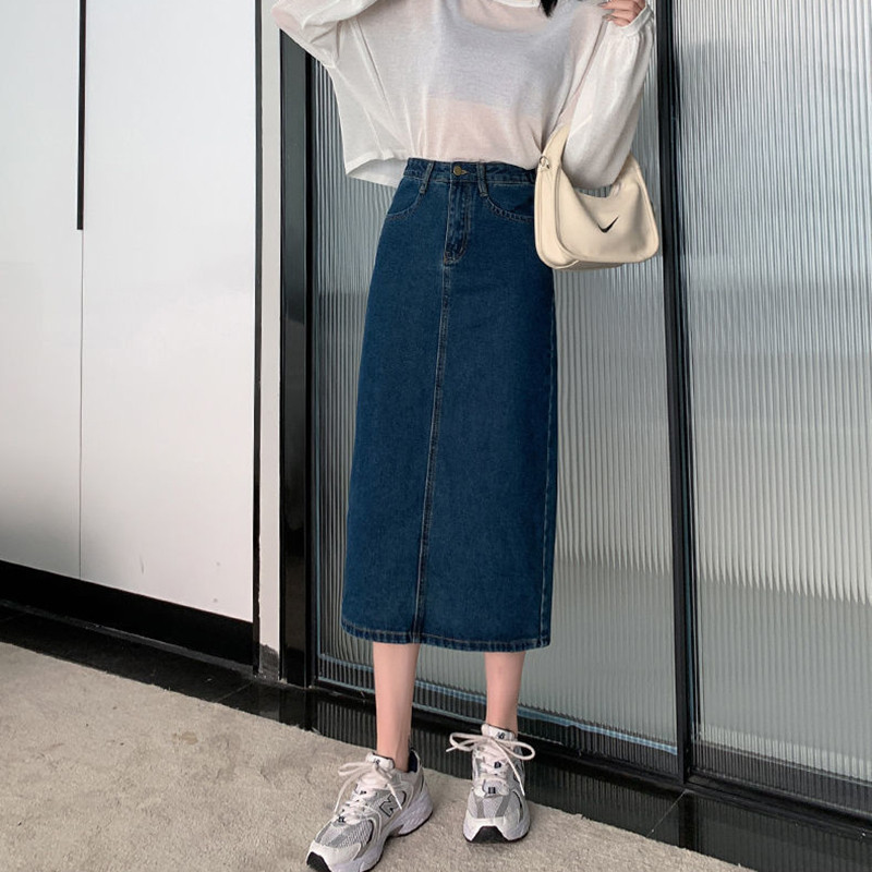 MEXZT Fuste vintage din denim cu fante pentru femei, cu talie înaltă, fustă midi, solidă, coreeană de birou, ocazional, fuste drepte toate se potrivesc.