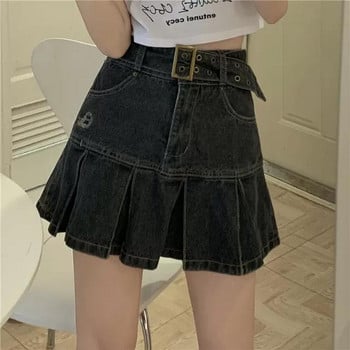 Ψηλόμεση Y2K Jean φούστες E-girl Aesthetics Μαύρες τζιν πλισέ φούστες Harajuku ζωσμένες φούστες βολάν Πανκ ρούχα Φούστα σε γραμμή Α