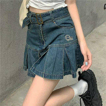 Ψηλόμεση Y2K Jean φούστες E-girl Aesthetics Μαύρες τζιν πλισέ φούστες Harajuku ζωσμένες φούστες βολάν Πανκ ρούχα Φούστα σε γραμμή Α