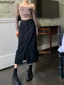 Dámske džínsové sukne, retro, ulzzang, vysoký pás, streetwear, vintage, univerzálne, s rozparkom vpredu, elegantné, študentské, do polovice lýtok