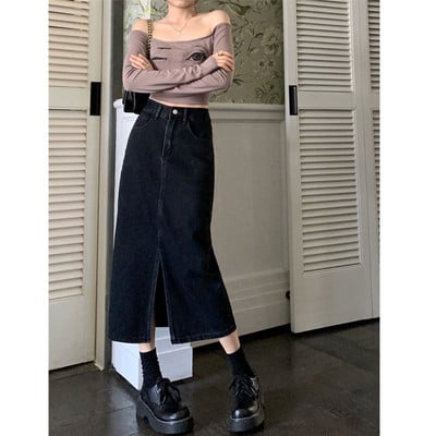 Dámske džínsové sukne, retro, ulzzang, vysoký pás, streetwear, vintage, univerzálne, s rozparkom vpredu, elegantné, študentské, do polovice lýtok