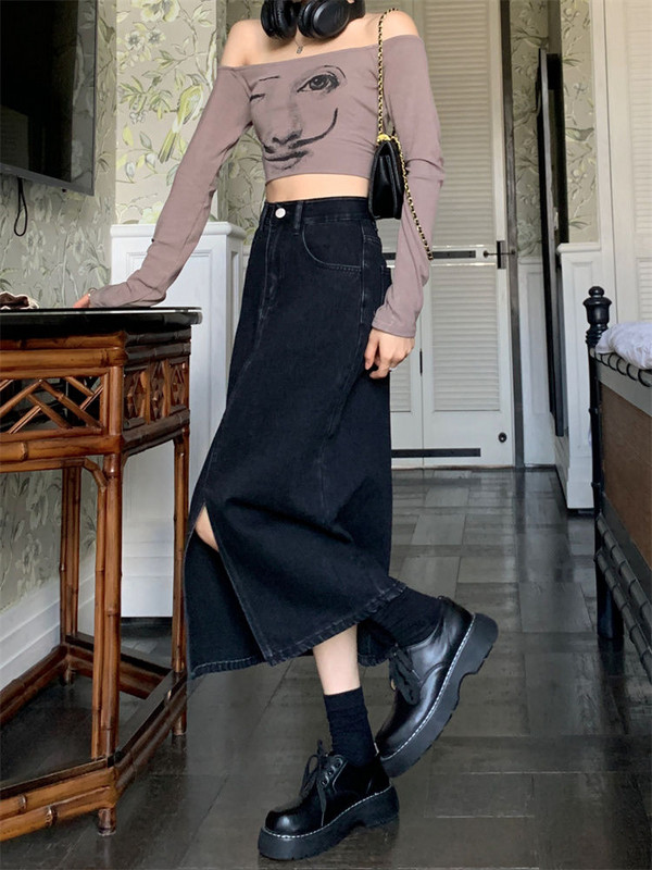 Dámske džínsové sukne, retro, ulzzang, vysoký pás, streetwear, vintage, univerzálne, s rozparkom vpredu, elegantné, študentské, do polovice lýtok