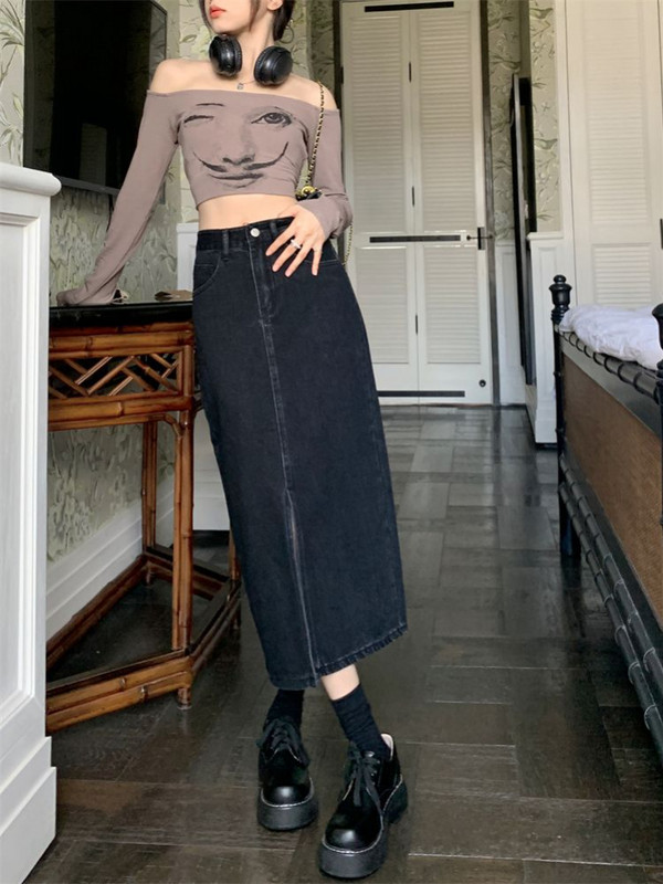 Dámske džínsové sukne, retro, ulzzang, vysoký pás, streetwear, vintage, univerzálne, s rozparkom vpredu, elegantné, študentské, do polovice lýtok