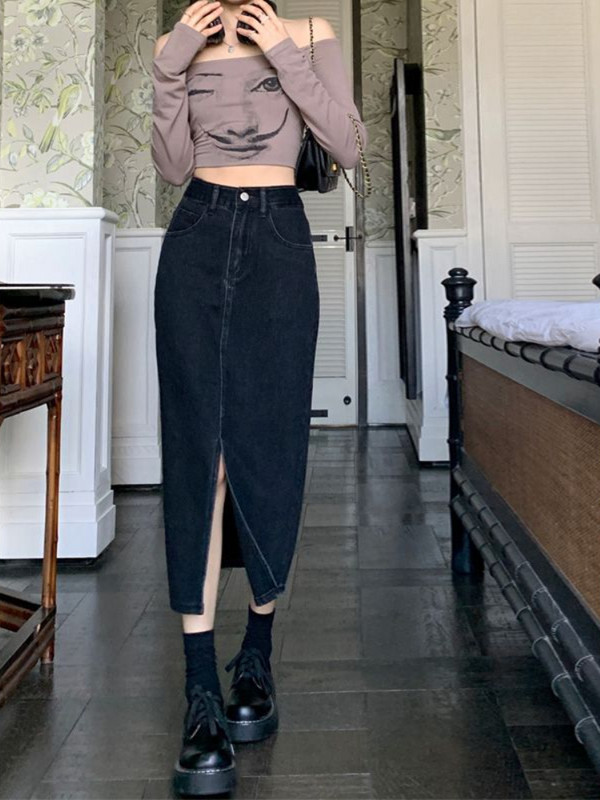 Dámske džínsové sukne, retro, ulzzang, vysoký pás, streetwear, vintage, univerzálne, s rozparkom vpredu, elegantné, študentské, do polovice lýtok