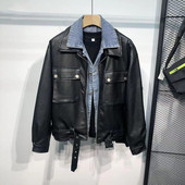 Jachetă din piele PU Palton fals din două piese pentru bărbați, toamnă, denim, cusături, haine din piele pentru bărbați, guler trunșat, nasturi, jachete cu fermoar