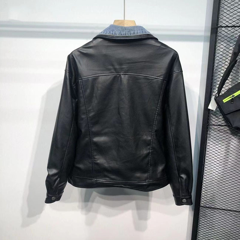 Jachetă din piele PU Palton fals din două piese pentru bărbați, toamnă, denim, cusături, haine din piele pentru bărbați, guler trunșat, nasturi, jachete cu fermoar