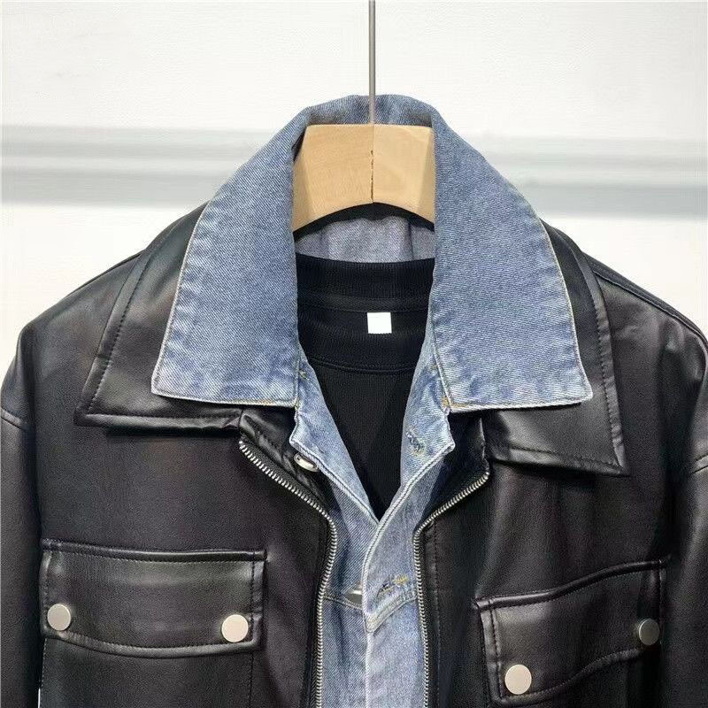 Jachetă din piele PU Palton fals din două piese pentru bărbați, toamnă, denim, cusături, haine din piele pentru bărbați, guler trunșat, nasturi, jachete cu fermoar