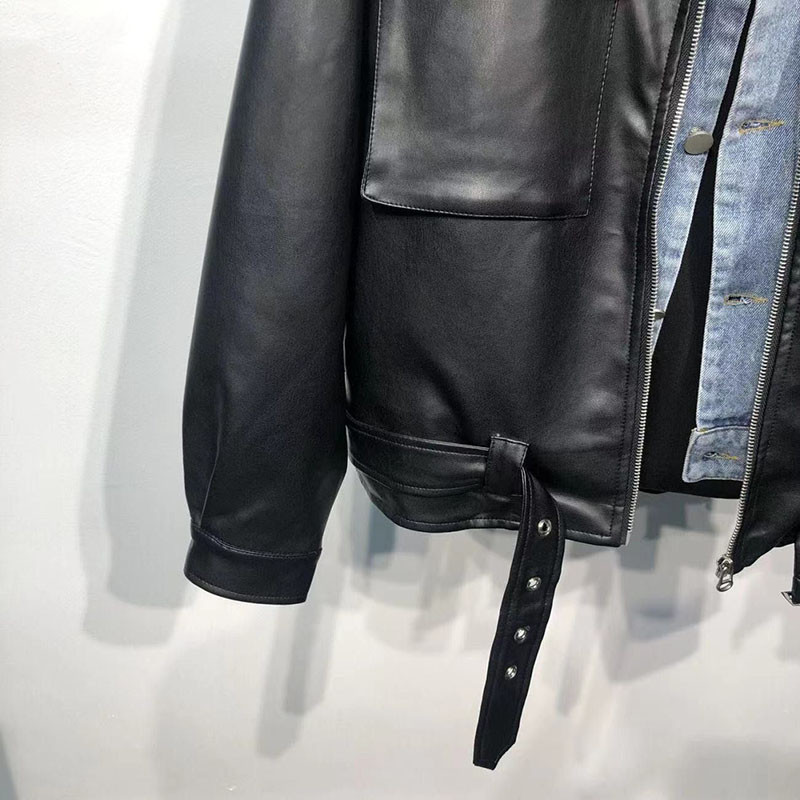 Jachetă din piele PU Palton fals din două piese pentru bărbați, toamnă, denim, cusături, haine din piele pentru bărbați, guler trunșat, nasturi, jachete cu fermoar