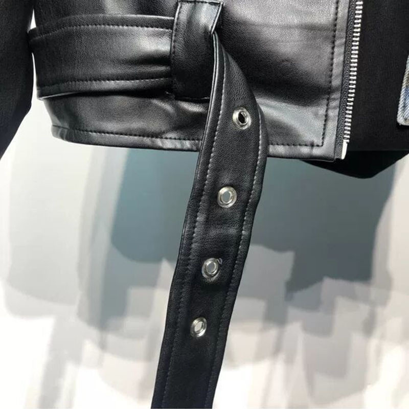 Jachetă din piele PU Palton fals din două piese pentru bărbați, toamnă, denim, cusături, haine din piele pentru bărbați, guler trunșat, nasturi, jachete cu fermoar