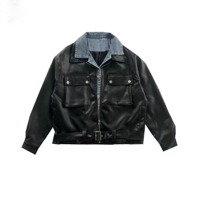 Jachetă din piele PU Palton fals din două piese pentru bărbați, toamnă, denim, cusături, haine din piele pentru bărbați, guler trunșat, nasturi, jachete cu fermoar