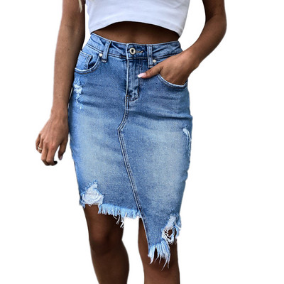 Νέες γυναικείες τζιν φούστες με σχισμένο ψηλόμεσο, τζιν με μασίφ τρύπες, Μίνι μολύβι φούστα σε γραμμή Α, Streetwear