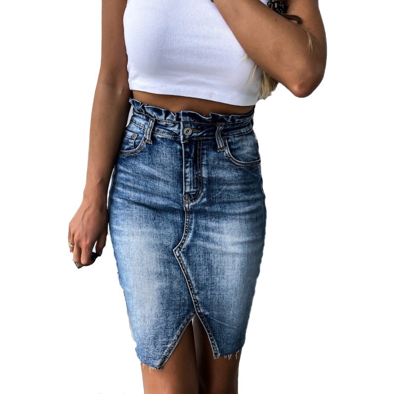 Νέες γυναικείες τζιν φούστες με σχισμένο ψηλόμεσο, τζιν με μασίφ τρύπες, Μίνι μολύβι φούστα σε γραμμή Α, Streetwear