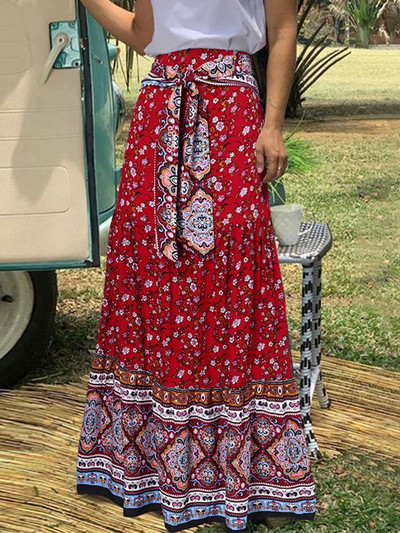 Fuste de modă cu imprimeuri florale femei de vară vintage elegante cu pliuri fuste lungi boho casual bandaj talie înaltă fustă de plajă de vacanță