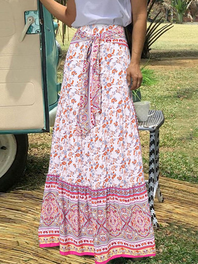 Fuste de modă cu imprimeuri florale femei de vară vintage elegante cu pliuri fuste lungi boho casual bandaj talie înaltă fustă de plajă de vacanță
