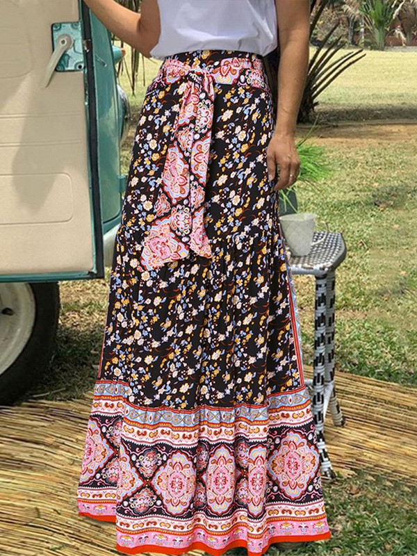Fuste de modă cu imprimeuri florale femei de vară vintage elegante cu pliuri fuste lungi boho casual bandaj talie înaltă fustă de plajă de vacanță