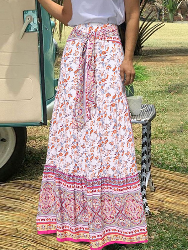 Fuste de modă cu imprimeuri florale femei de vară vintage elegante cu pliuri fuste lungi boho casual bandaj talie înaltă fustă de plajă de vacanță