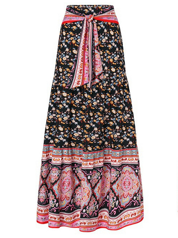 Fuste de modă cu imprimeuri florale femei de vară vintage elegante cu pliuri fuste lungi boho casual bandaj talie înaltă fustă de plajă de vacanță