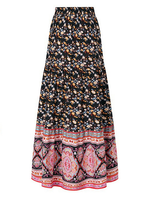 Fuste de modă cu imprimeuri florale femei de vară vintage elegante cu pliuri fuste lungi boho casual bandaj talie înaltă fustă de plajă de vacanță