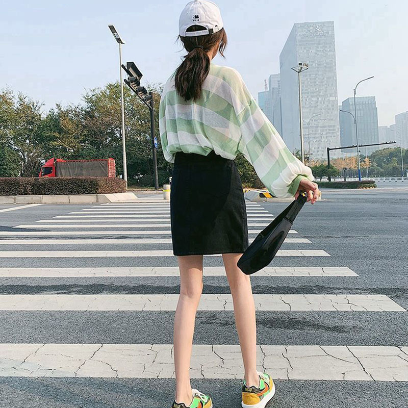 Lucyever Fusta de blugi coreeană pentru femei, 2023, vară, cu talie înaltă, cu linie A, mini fustă pentru femei, cu buzunar ocazional, fustă de blugi simplă, solidă