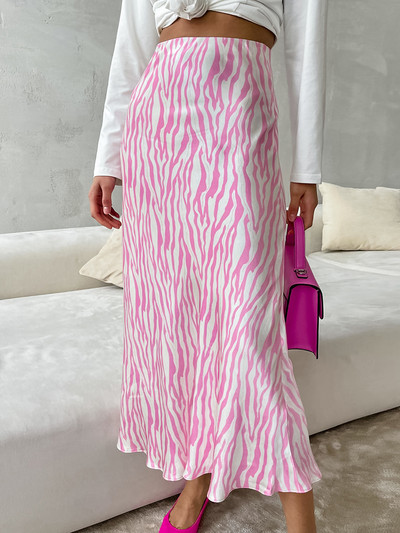Mnealways18 Fuste elegante cu imprimare cu zebră pentru femei, roz, cu talie înaltă, cu linie A, Skrits Office, pentru femei, fuste midi fluide din satin 2023