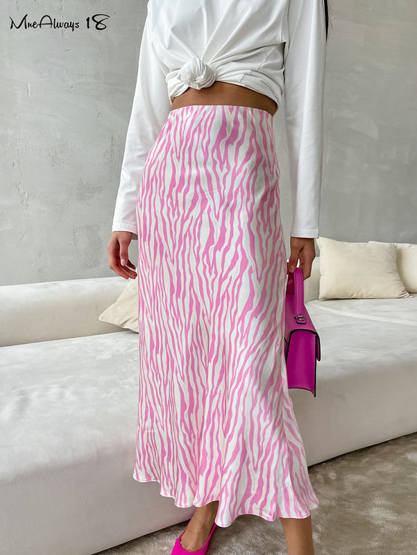Mnealways18 Fuste elegante cu imprimare cu zebră pentru femei, roz, cu talie înaltă, cu linie A, Skrits Office, pentru femei, fuste midi fluide din satin 2023
