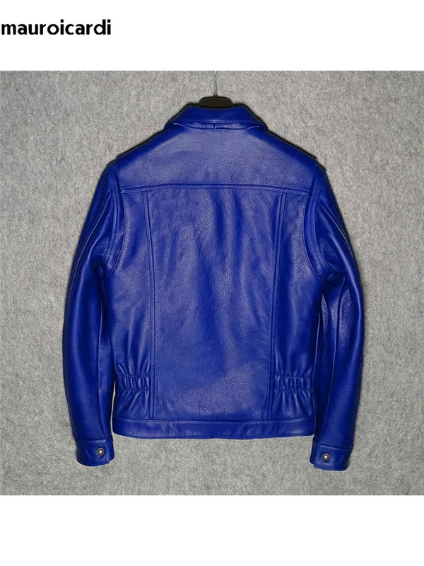 Mauroicardi proljeće jesen hladna plava pu kožna jakna za muškarce s patentnim zatvaračem i džepom dugih rukava, luksuzna, elegantna šik moda za pistu 2023.