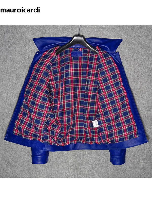 Mauroicardi proljeće jesen hladna plava pu kožna jakna za muškarce s patentnim zatvaračem i džepom dugih rukava, luksuzna, elegantna šik moda za pistu 2023.