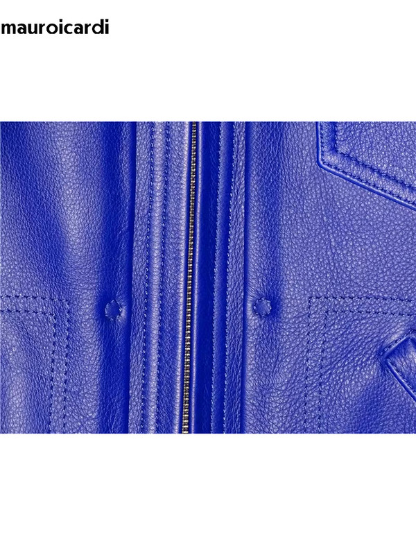 Mauroicardi proljeće jesen hladna plava pu kožna jakna za muškarce s patentnim zatvaračem i džepom dugih rukava, luksuzna, elegantna šik moda za pistu 2023.