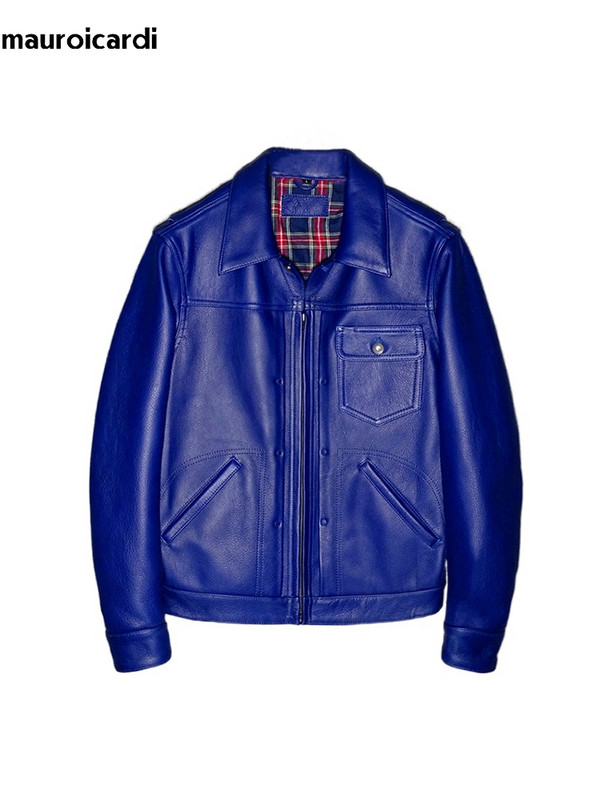 Mauroicardi proljeće jesen hladna plava pu kožna jakna za muškarce s patentnim zatvaračem i džepom dugih rukava, luksuzna, elegantna šik moda za pistu 2023.