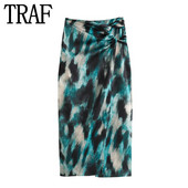 Fuste lungi cu imprimeu TRAF pentru femei Moda 2023 Fusta cu talie inalta cu volanat femeie toamna fusta midi cu fanta fuste elegante de dama