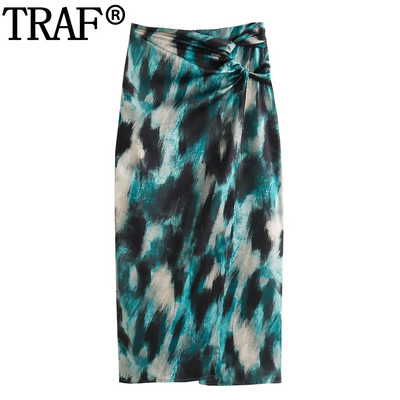 Fuste lungi cu imprimeu TRAF pentru femei Moda 2023 Fusta cu talie inalta cu volanat femeie toamna fusta midi cu fanta fuste elegante de dama