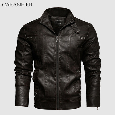 CARANFIER Muška PU kožna jakna Muški zimski kaputi od lokomotive od flisa Faux Biker Racing Gornja odjeća s patentnim zatvaračem Samostojeći ovratnik Chaqueta