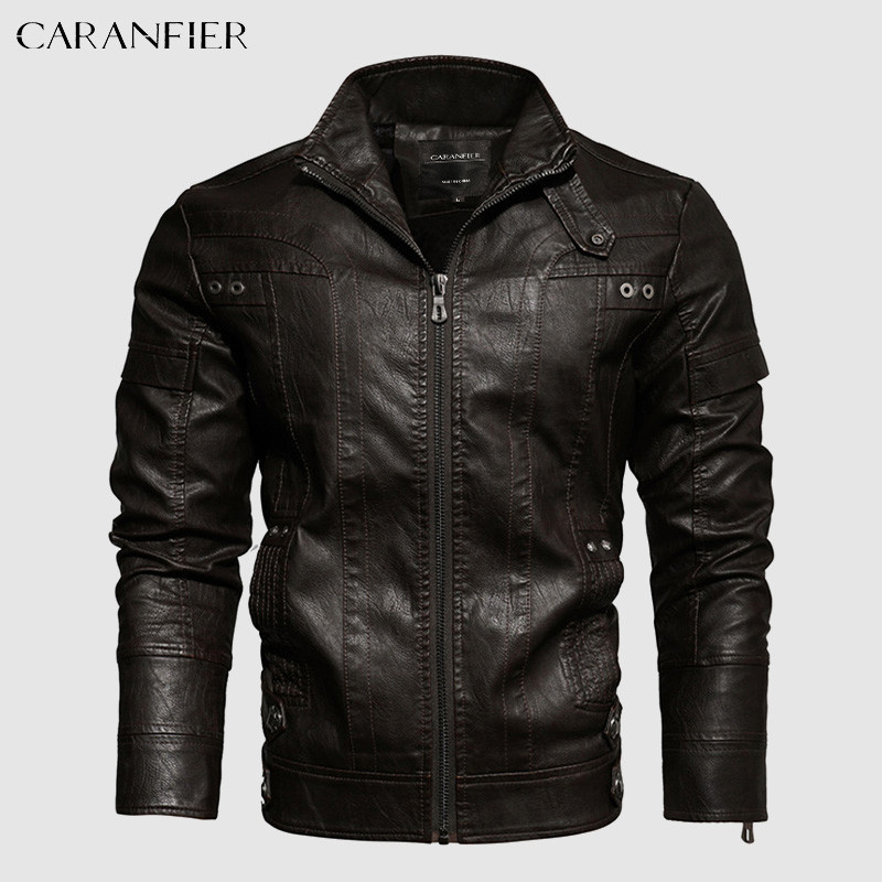 CARANFIER Muška PU kožna jakna Muški zimski kaputi od lokomotive od flisa Faux Biker Racing Gornja odjeća s patentnim zatvaračem Samostojeći ovratnik Chaqueta