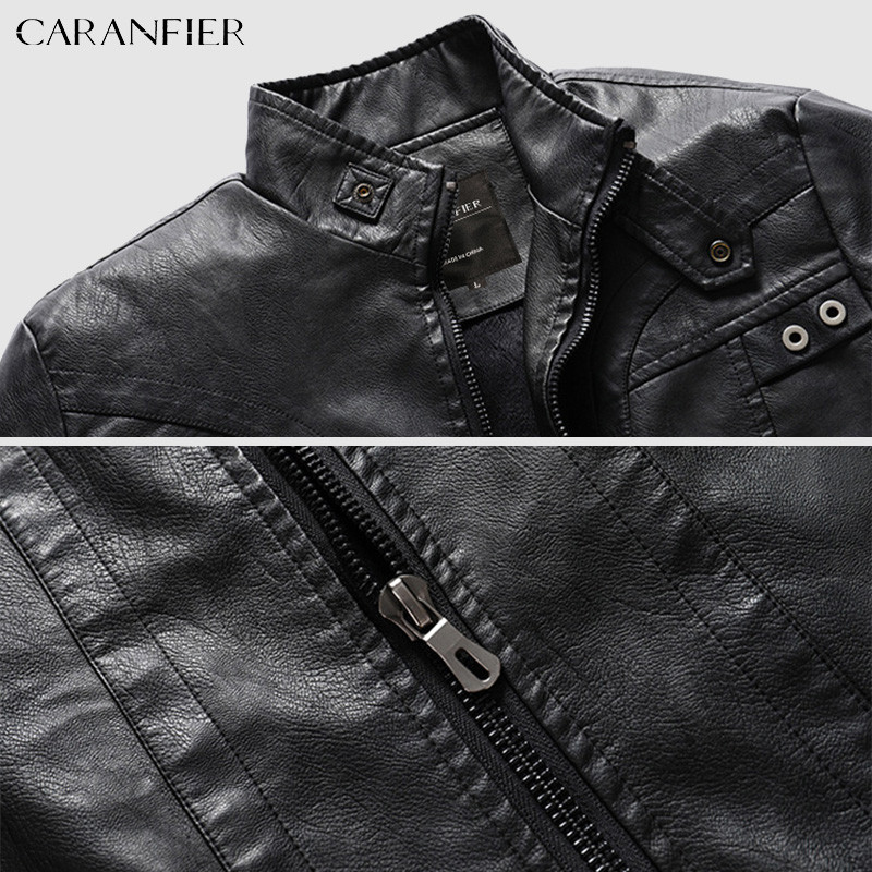CARANFIER Muška PU kožna jakna Muški zimski kaputi od lokomotive od flisa Faux Biker Racing Gornja odjeća s patentnim zatvaračem Samostojeći ovratnik Chaqueta