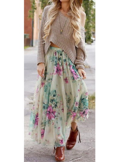 Moda șifon șifon stil boho fustă midi cu imprimeu floral pentru femei de vacanță de vară fuste de soare falda de femeie