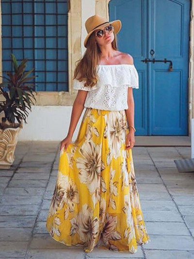 Moda șifon șifon stil boho fustă midi cu imprimeu floral pentru femei de vacanță de vară fuste de soare falda de femeie