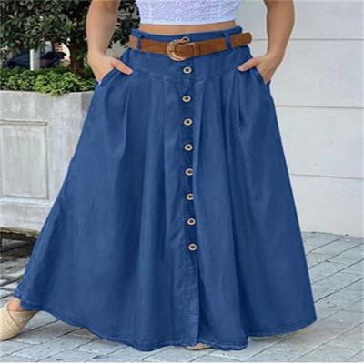 Fuste maxi de vară Moda femei cu nasturi elegante fustă midi cu talie înaltă pentru femeie cu tiv mare ocazional cu buzunar evazat cu buton lung denim