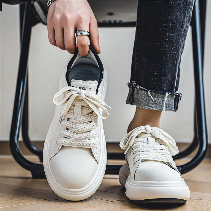 Jarné a jesenné topánky s okrúhlou špičkou na platforme a šnurovaním, módne outdoorové, protišmykové, univerzálne, trendy, pevné, pánske, ležérne, biele