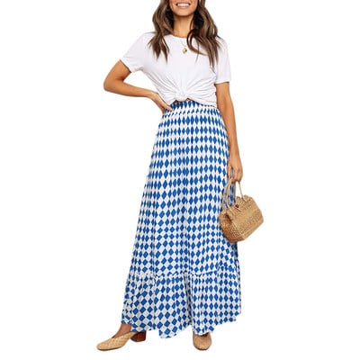 WNGECAT Dámska kvetinová áčková sukňa s volánikmi, vysokým pásom, vrstvená splývavá plážová bohémska maxi sukňa (modrá veľkosť S)