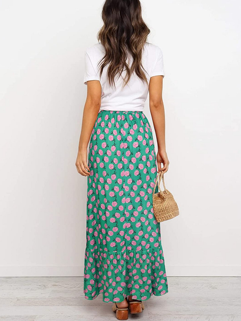 WNGECAT Dámska kvetinová áčková sukňa s volánikmi, vysokým pásom, vrstvená splývavá plážová bohémska maxi sukňa (modrá veľkosť S)