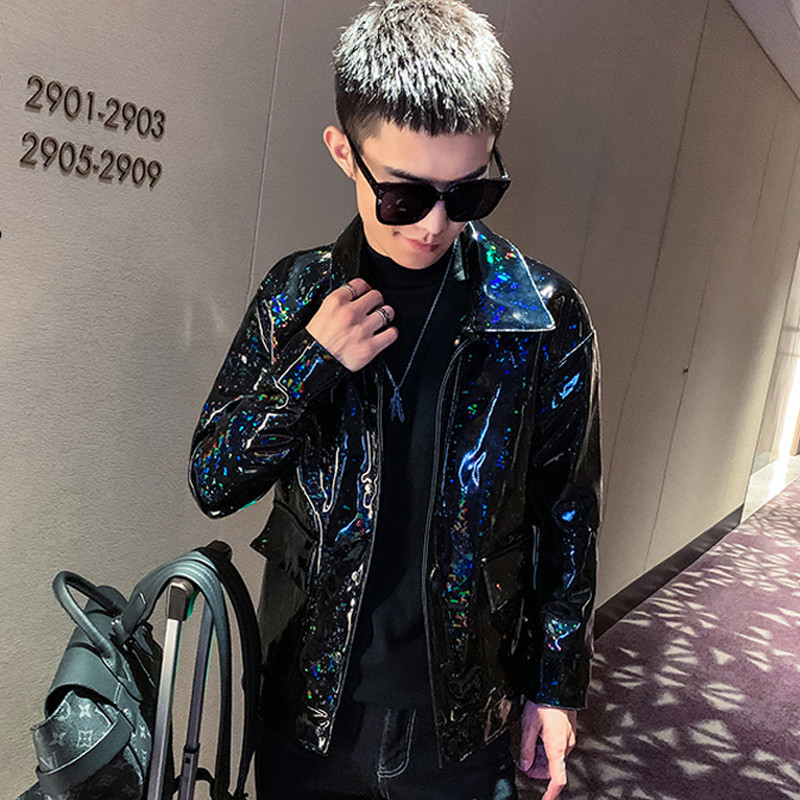 Sjajna kožna jakna za muškarce u korejskom stilu, jesenski vodootporni modni ulični kaput PU motociklistička kožna jakna Kostim pjevačice
